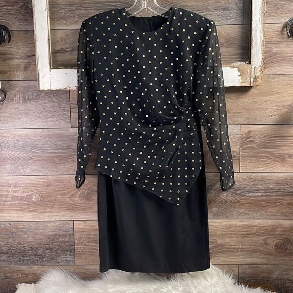 Scarlett Stunning 80s Polka Dot Pencil Dress in Black and Gold, Size 5 - Picture 6 of 9